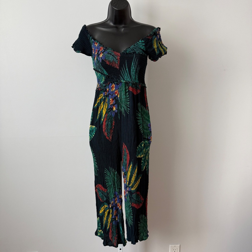 Anthro Patrons of Peace sz S Black Tropical Floral Smocked Off Shoulder Jumpsuit
